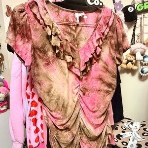 Pink and Brown Ruffled Women's Top Vintage - Sami + Jo - Y2K